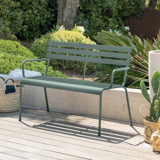 Banco de jardim GREENSBORO Verde oliva 2 lugares - Aço tratado com epóxi, Tratamento anticorrosão reforçado Verde-oliva