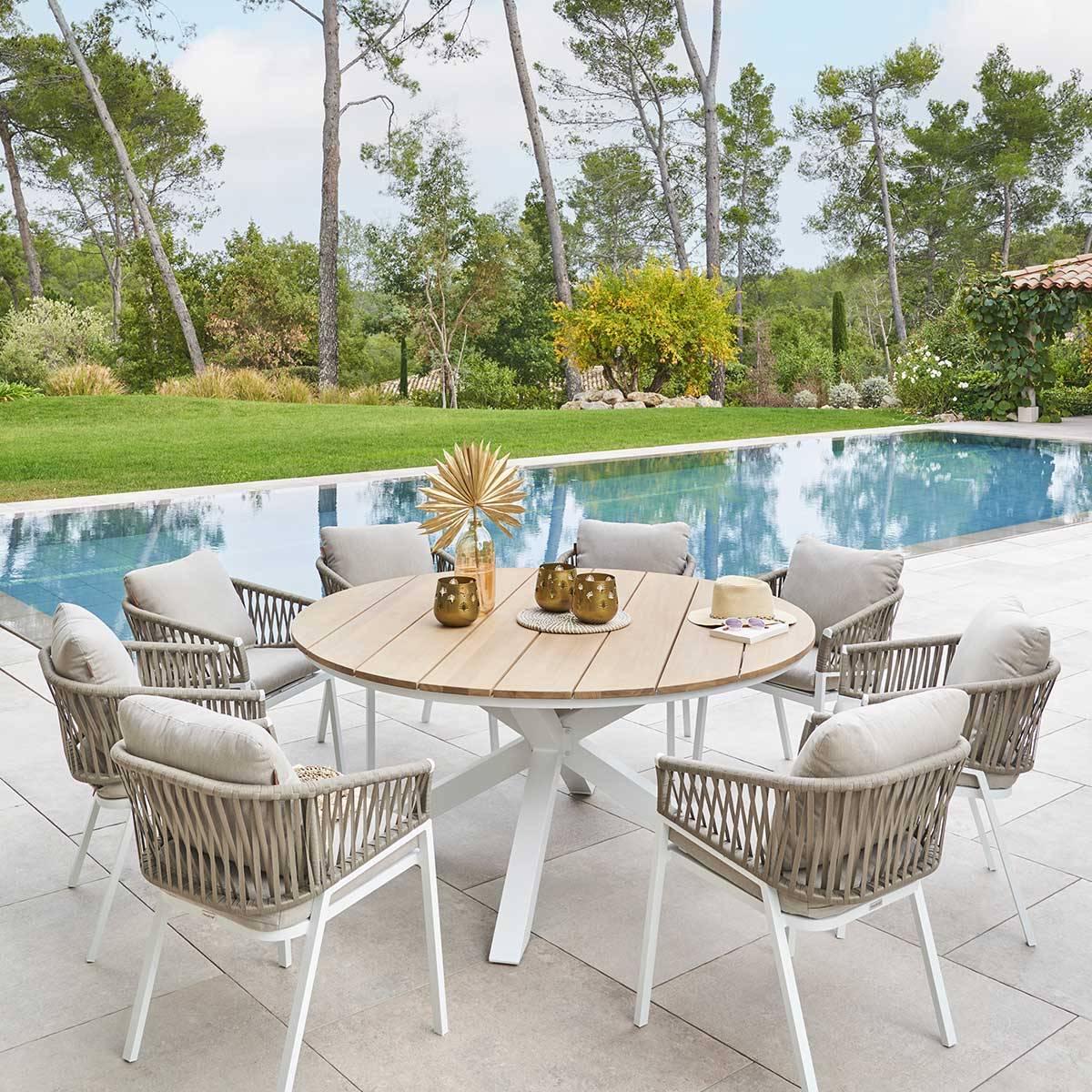 Mesa de jardim redonda ORIENGO Acácia / Branco 8 lugares - Alumínio com tratamento epóxi, Acácia certificada FSC® Acácia / Branca
