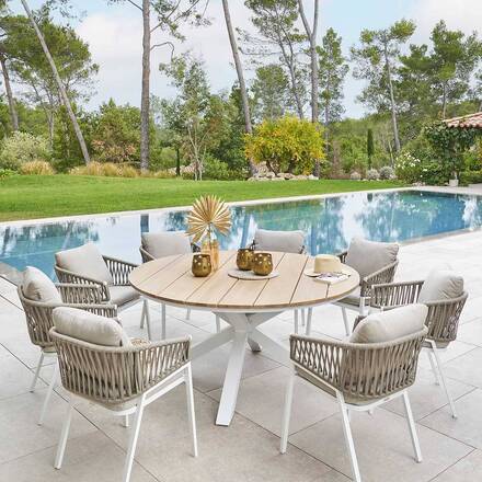 Mesa de jardim redonda ORIENGO Acácia / Branco 8 lugares - Alumínio com tratamento epóxi, Acácia certificada FSC®