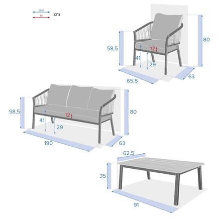 Conjunto de jardim ORIENGO Antracite / Grafite 5 lugares - Alumínio com tratamento epóxi, Acácia certificada FSC®, Poliéster