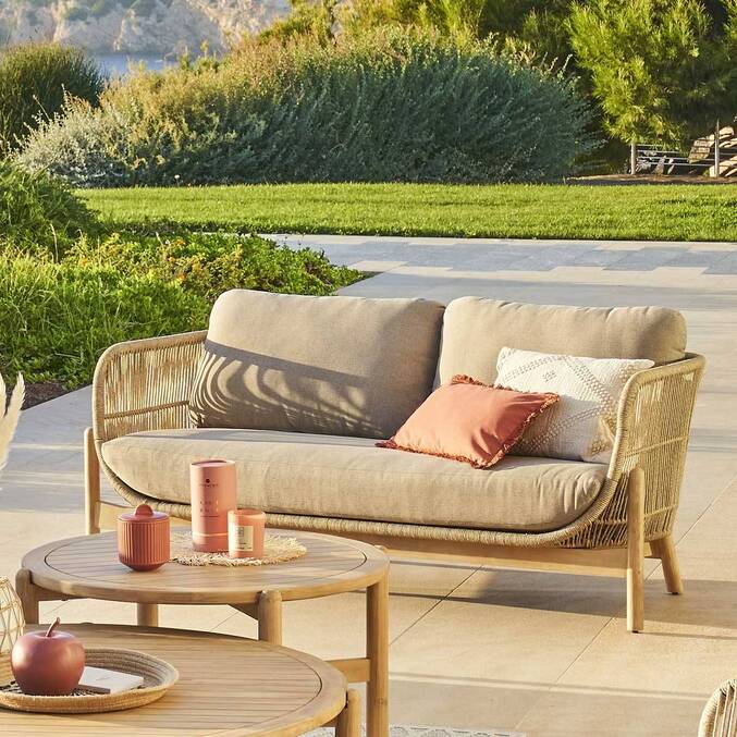 Sofá de jardim DEONA Taupe / Acácia 2 lugares - Acácia certificada FSC®, Poliéster Taupe / Acácia