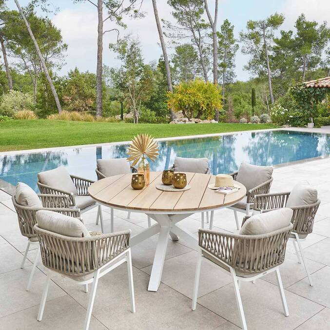 Mesa de jardim redonda ORIENGO Acácia / Branco 8 lugares - Alumínio com tratamento epóxi, Acácia certificada FSC® Acácia / Branca