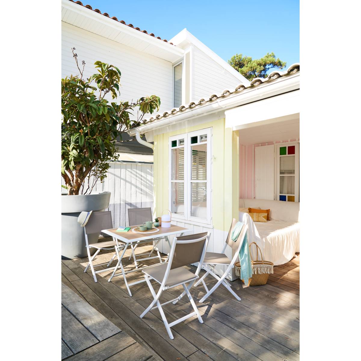 Conjunto de 4 cadeiras de jardim dobráveis ESSENTIA Linho e Branco Alumínio tratado com epóxi, Texaline Linho / Branco