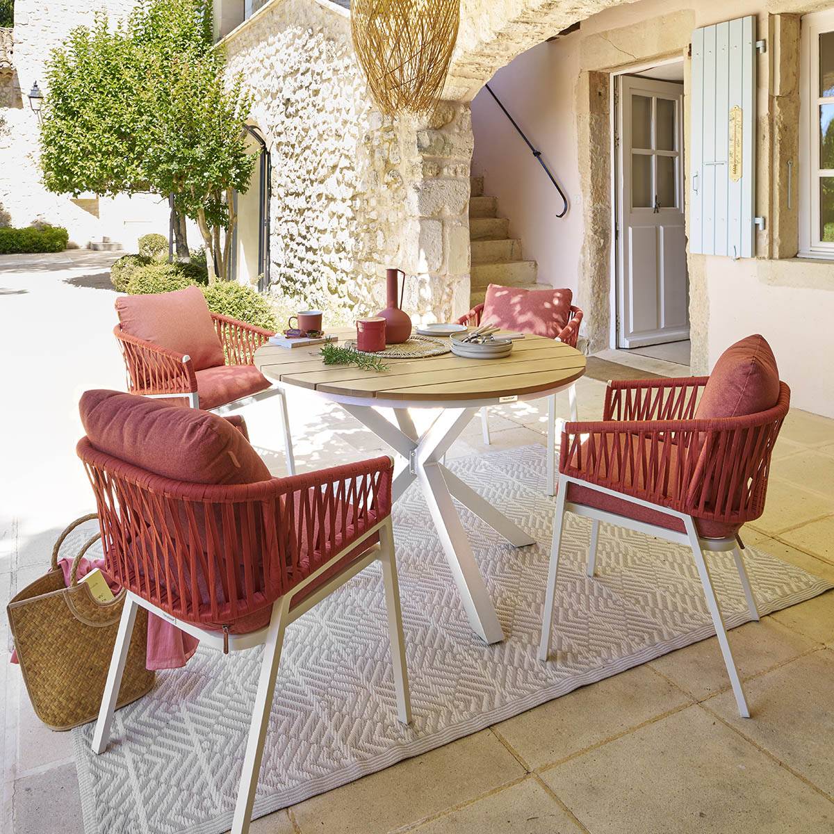 Mesa de jardim redonda ORIENGO Acácia / Branco 4 lugares - Alumínio tratado com epóxi, Acácia certificada FSC® Acácia / Branca