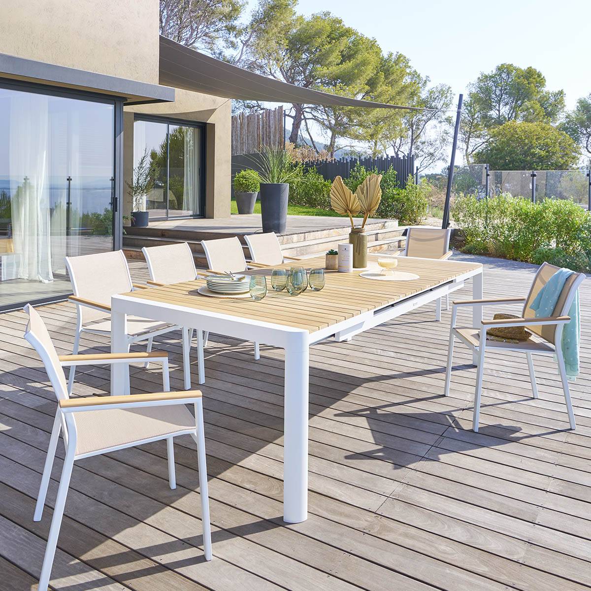 Mesa de jardim extensível PARADIZE Acácia / Branca 12 lugares - Alumínio com tratamento epóxi, Acácia certificada FSC® Acácia / Branca