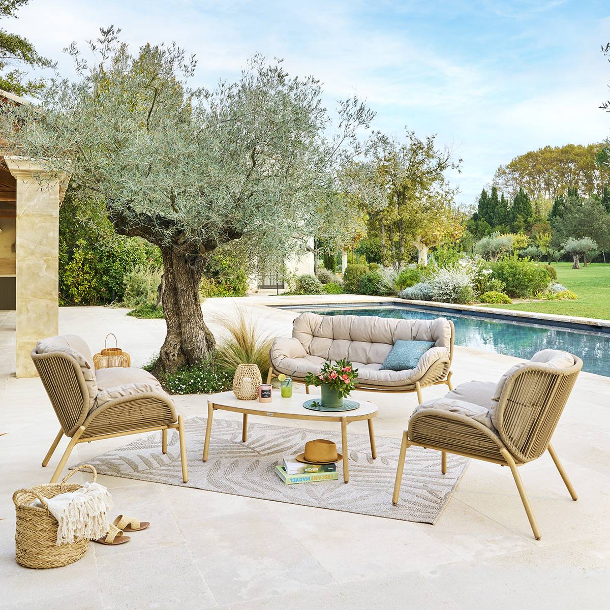 Conjunto de jardim MELOANE Bege 5 lugares - Aço com tratamento epóxi, Poliéster Bege