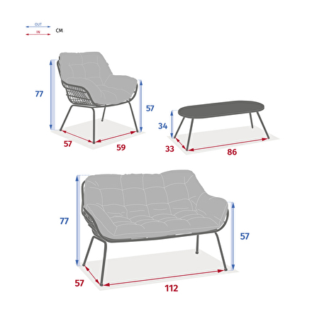 Conjunto de jardim PAOPAO 4 lugares - Aço tratado com epóxi, Poliéster