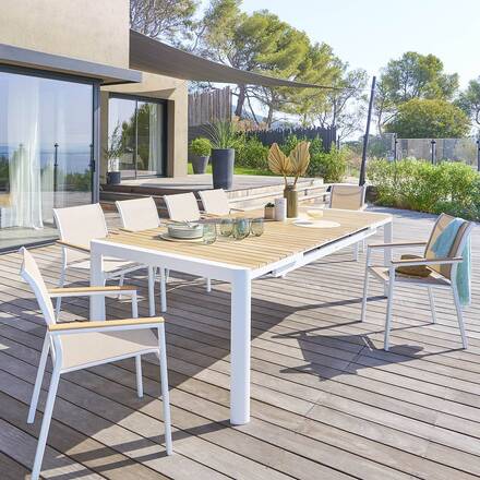 Mesa de jardim extensível PARADIZE Acácia / Branca 12 lugares - Alumínio com tratamento epóxi, Acácia certificada FSC®