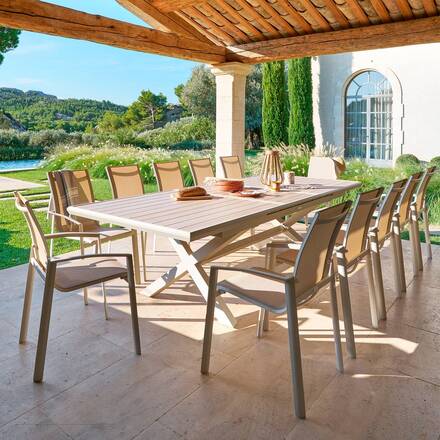 Mesa de jardim extensível AXIOME Efeito madeira Linho / Argila 12 lugares - Alumínio tratado com epóxi