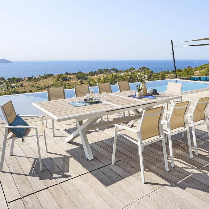 Mesa de jardim extensível AXIOME Efeito madeira Linho / Branco 10 lugares - Alumínio tratado com epóxi Linho / Branco