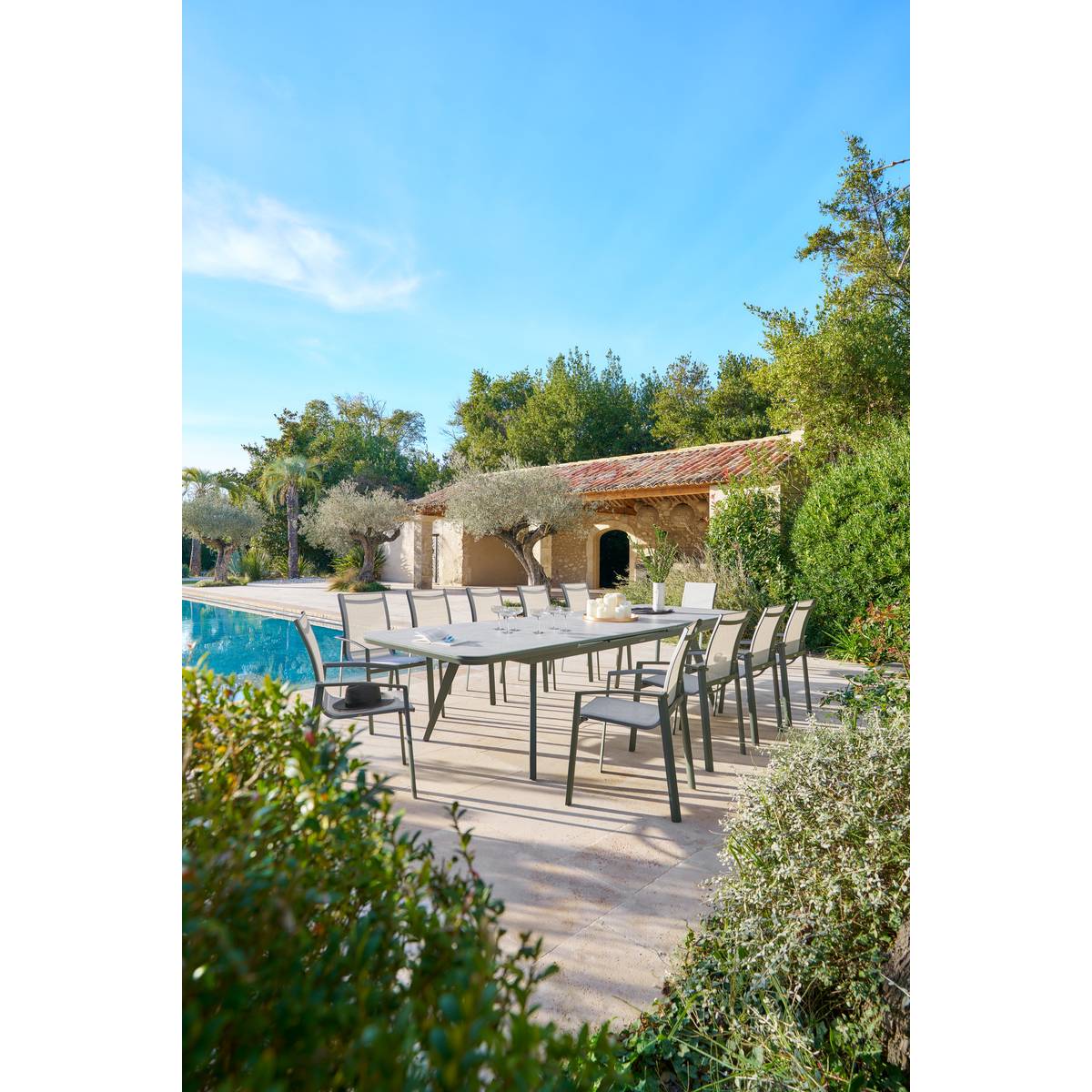 Mesa de jardim extensível PULPY Verde louro / Cinza Granito 12 lugares - Alumínio tratado com epóxi, Vidro com revestimento cerâmico Verde louro / Cinza granito