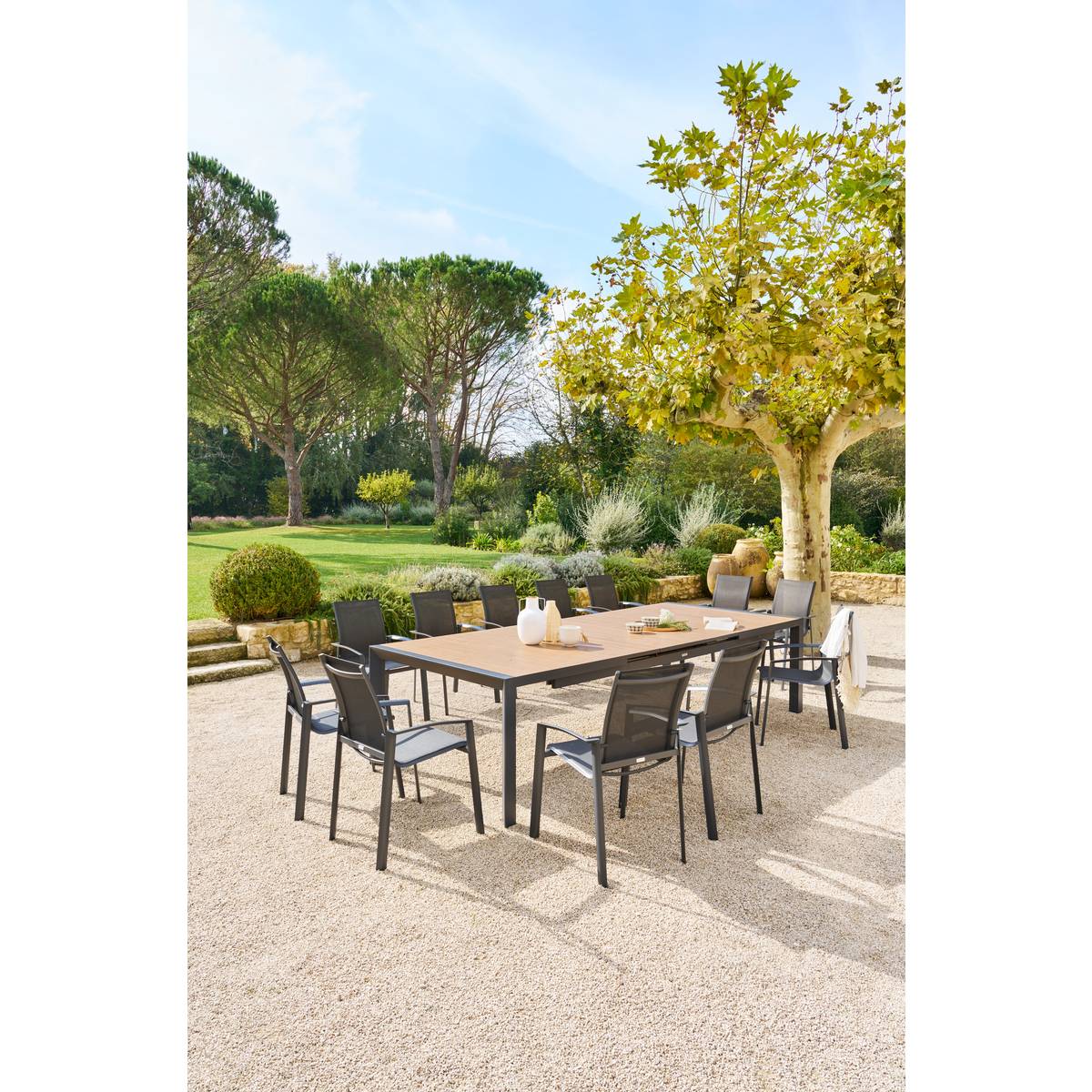 Mesa de jardim extensível ÉVASION Efeito madeira Honey / Graphite 14 lugares - Alumínio tratado com epóxi, Ripas de alumínio com efeito madeira Efeito madeira Honey / Grafite