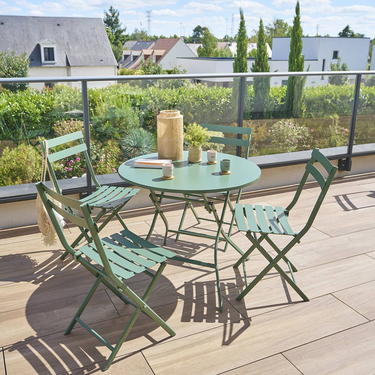 Mesa de jardim redonda dobrável GREENSBORO Verde oliva 4 lugares - Aço tratado com epóxi, Tratamento antiferrugem reforçado Verde-oliva