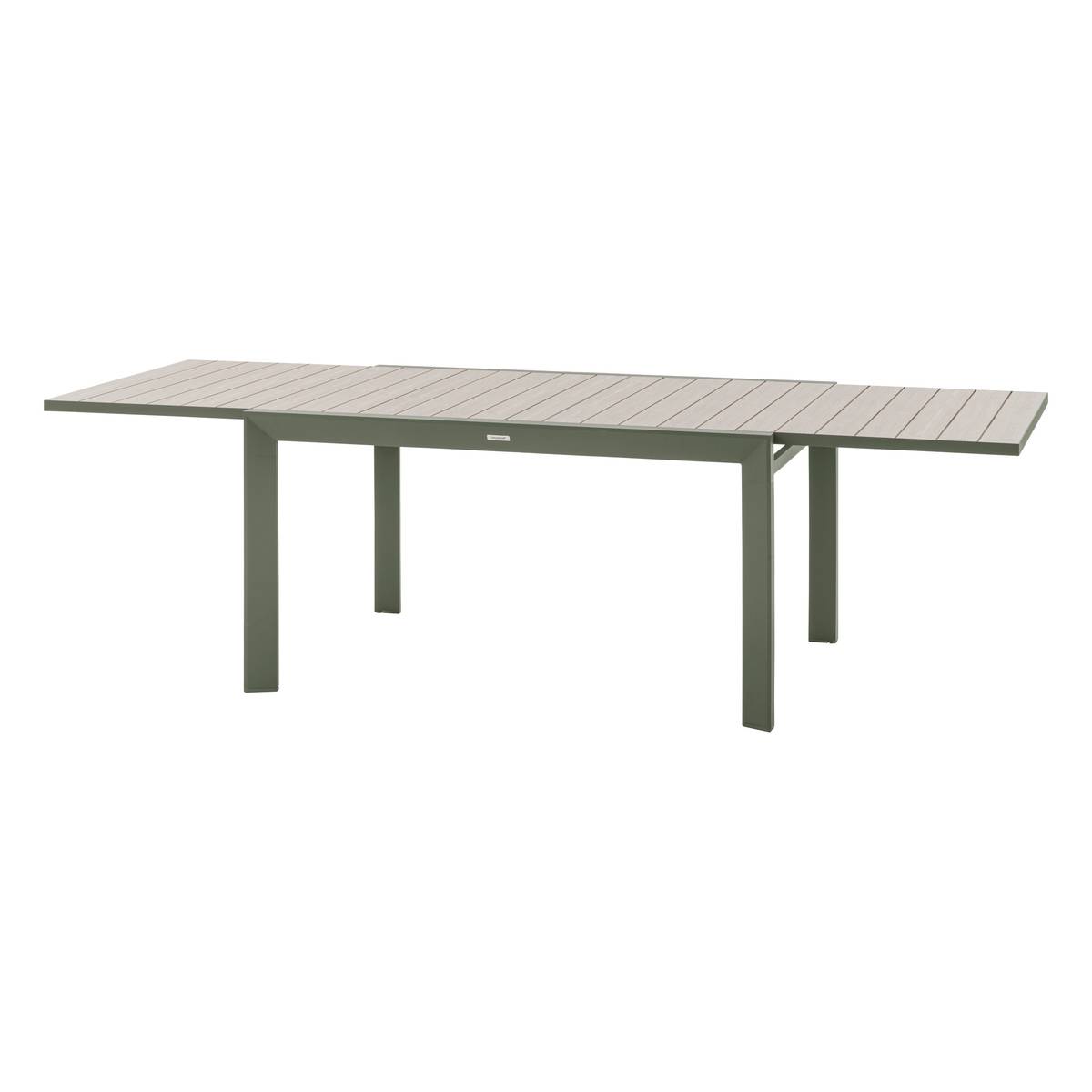 Mesa de jardim extensível deslizante ÉVASION efeito madeira Linho / Verde louro 10 lugares - Alumínio tratado com epóxi, Ripas de alumínio efeito madeira Efeito madeira Linho / Verde louro