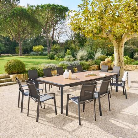 Mesa de jardim extensível ÉVASION Efeito madeira Honey / Graphite 14 lugares - Alumínio tratado com epóxi, Ripas de alumínio com efeito madeira