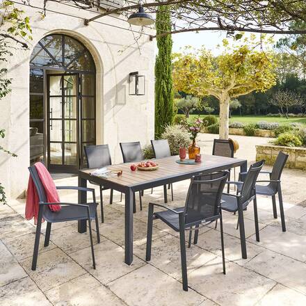 Mesa de jardim ÉVASION efeito madeira Honey / Graphite 8 lugares - Alumínio tratado com epóxi, Ripas de alumínio efeito madeira