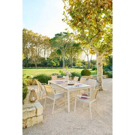 Mesa de jardim ÉVASION Efeito madeira Linho / Argila 8 lugares - Alumínio tratado com epóxi, Ripas de alumínio efeito madeira