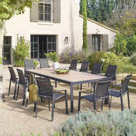 Mesa de jardim ÉVASION efeito madeira Honey / Graphite 12 lugares - Alumínio tratado com epóxi, Ripas de alumínio efeito madeira