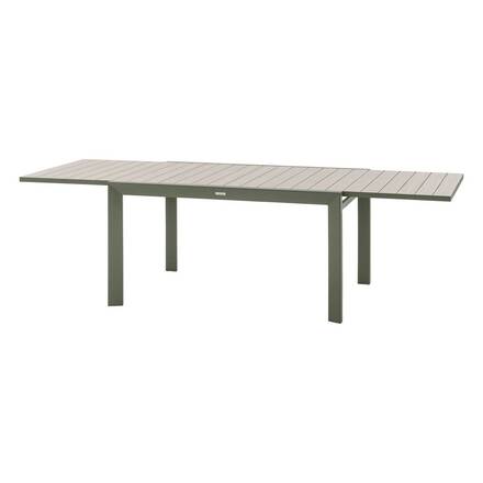 Mesa de jardim extensível deslizante ÉVASION efeito madeira Linho / Verde louro 10 lugares - Alumínio tratado com epóxi, Ripas de alumínio efeito madeira