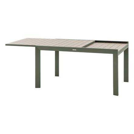 Mesa de jardim extensível deslizante ÉVASION efeito madeira Linho / Verde louro 10 lugares - Alumínio tratado com epóxi, Ripas de alumínio efeito madeira