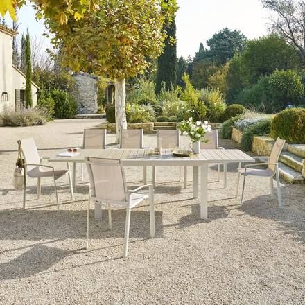 Mesa de jardim extensível deslizante ÉVASION Efeito madeira Linho / Argila 10 lugares - Alumínio tratado com epóxi, Ripas de alumínio efeito madeira
