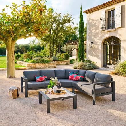 Conjunto de jardim com sofá de canto ÉVASION Grafite / Mel 5 lugares - Alumínio tratado com epóxi, Olefina