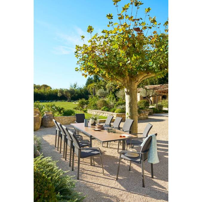 Mesa de jardim extensível deslizante ÉVASION Efeito madeira Honey / Graphite 10 lugares - Alumínio tratado com epóxi, Ripas de alumínio efeito madeira Efeito madeira Honey / Grafite