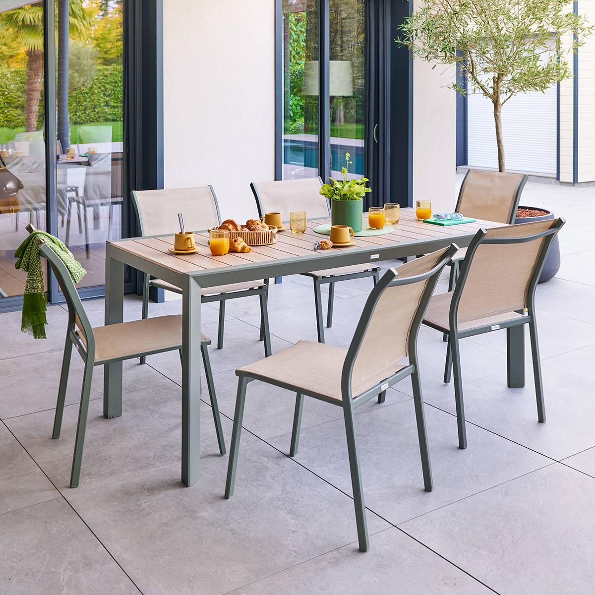 Mesa de jardim retangular ÉVASION Linho / Verde louro 6 lugares - Alumínio tratado com epóxi Linho / Louro