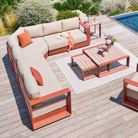 Conjunto de jardim com sofá de canto ALLURE Bege / Mogno 5 lugares - Alumínio tratado com epóxi, Poliéster