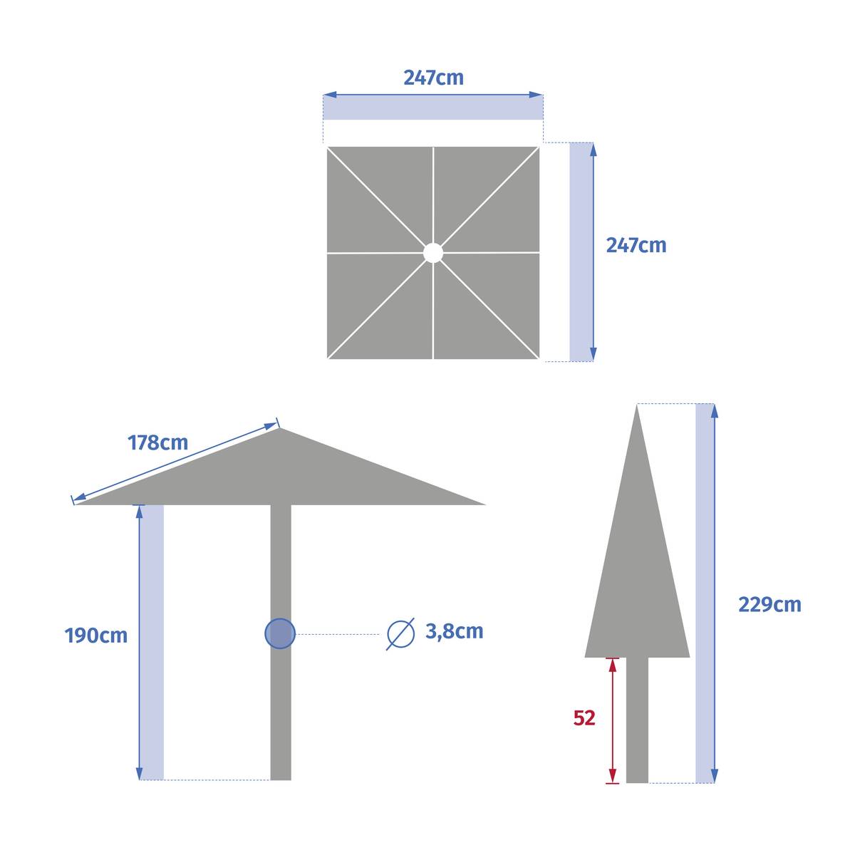Guarda-sol central quadrado inclinável SOYA Mogno 2,5 x 2,5 m - Aço, Poliéster Mogno