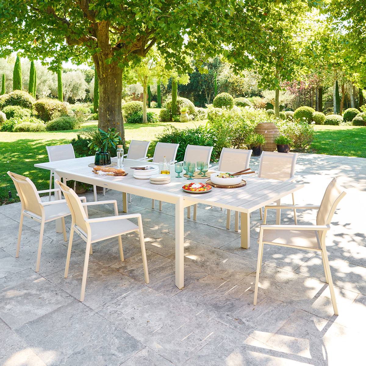 Mesa de jardim quadrada extensível ÉVASION Linho / Argila 12 lugares - Alumínio tratado com epóxi Linho / Argila