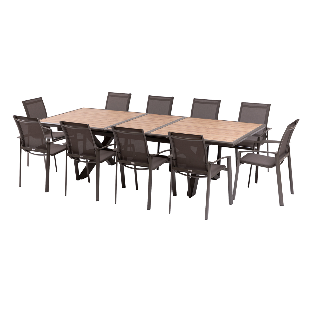 Conjunto de mesa de jardim extensível AXIOME Effet madeira Mel + 10 poltronas AXANT Praliné 10 lugares - Alumínio tratado com epóxi, ECP Mel / Praliné