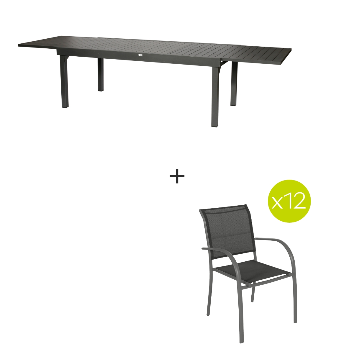 Conjunto de mesa de jardim extensível + 12 poltronas empilháveis PIAZZA Grafite 12 lugares - Alumínio, ECP Grafite