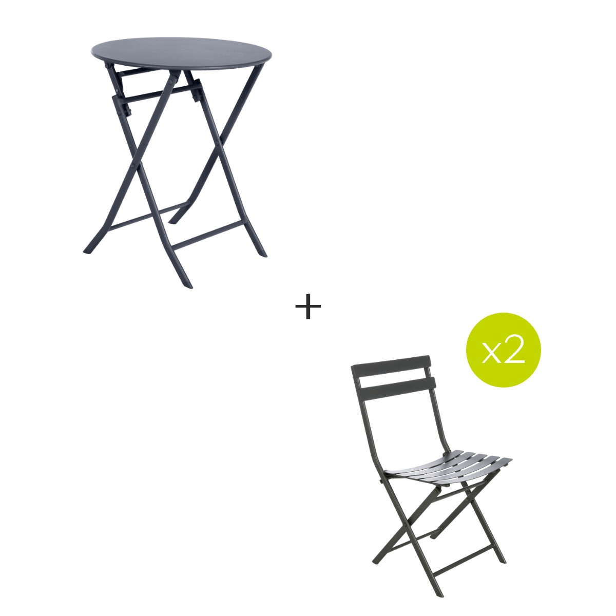 Conjunto de mesa de jardim dobrável redonda + 2 cadeiras GREENSBORO Grafite 2 lugares - Aço tratado com epóxi, Tratamento antiferrugem reforçado Grafite