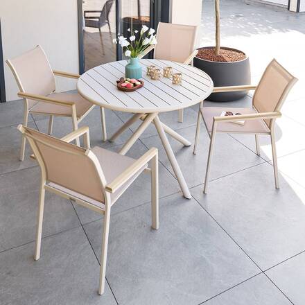 Mesa de jardim redonda NEBULLIA Argila 4 lugares - Alumínio com tratamento epóxi, Tratamento anti-ferrugem reforçado