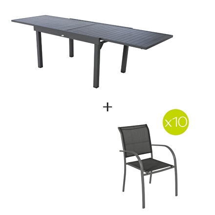 Conjunto de mesa de jardim extensível + 10 poltronas PIAZZA Grafite 10 lugares - Alumínio, ECP
