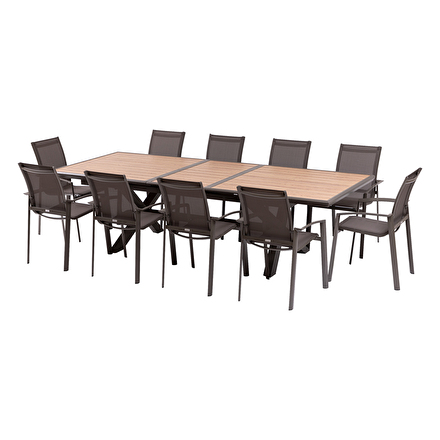 Conjunto de mesa de jardim extensível AXIOME Effet madeira Mel + 10 poltronas AXANT Praliné 10 lugares - Alumínio tratado com epóxi, ECP