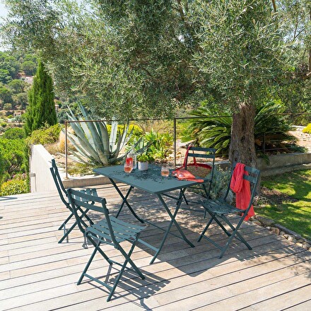 Conjunto de mesa de jardim dobrável retangular + 4 cadeiras GREENSBORO Azul-petróleo 4 lugares - Aço tratado com epóxi, Tratamento antiferrugem reforçado