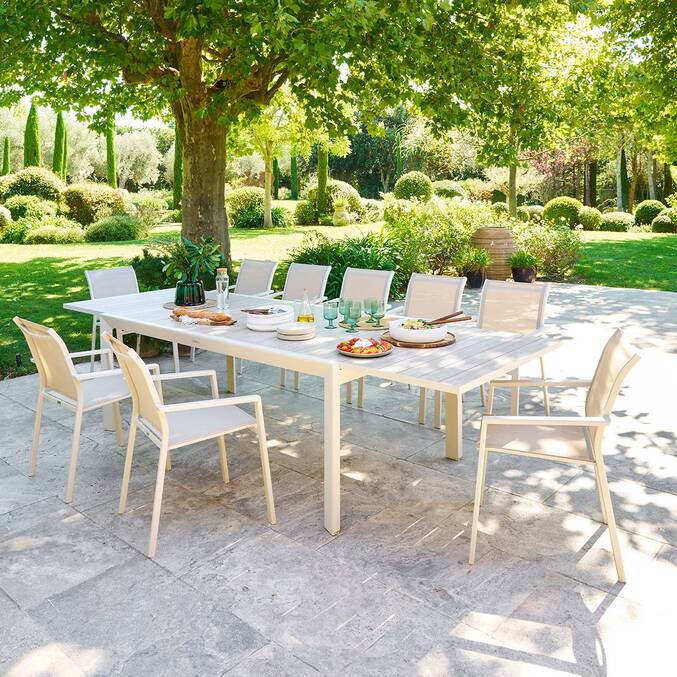 Mesa de jardim quadrada extensível ÉVASION Linho / Argila 12 lugares - Alumínio tratado com epóxi Linho / Argila