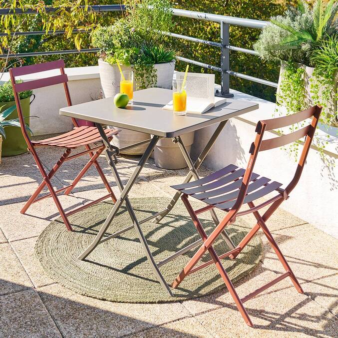 Mesa de jardim quadrada dobrável GREENSBORO Café 2 lugares - Aço com tratamento epóxi, tratamento antiferrugem reforçado Café