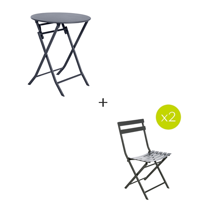 Conjunto de mesa de jardim dobrável redonda + 2 cadeiras GREENSBORO Grafite 2 lugares - Aço tratado com epóxi, Tratamento antiferrugem reforçado Grafite