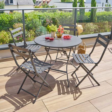 Conjunto de mesa de jardim redonda + 4 cadeiras empilháveis GREENSBORO Grafite 4 lugares - Aço tratado com epóxi, Tratamento antiferrugem reforçado