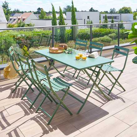 Conjunto de mesa de jardim rectangle + 6 cadeiras empilháveis GREENSBORO Verde Oliva 6 lugares - Aço tratado com epóxi, Tratamento antiferrugem reforçado