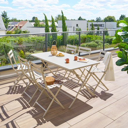 Conjunto de mesa de jardim rectangle + 6 cadeiras empilháveis GREENSBORO Argila 6 lugares - Aço tratado com epóxi, Tratamento antiferrugem reforçado
