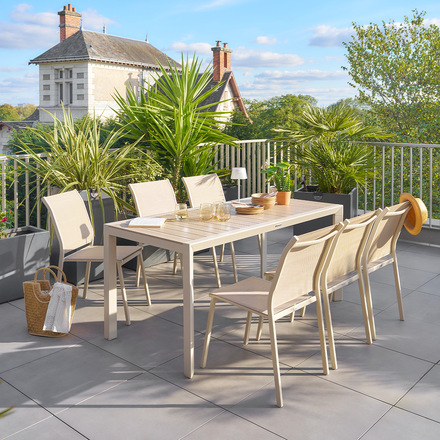 Conjunto de mesa de jardim ÉVASION + 6 cadeiras empilháveis ESSENTIA Linho & Argila 6 lugares - Alumínio tratado com epóxi