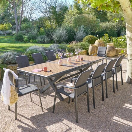 Conjunto de mesa de jardim extensível AXIOME Efeito teca Noz + 10 poltronas DIESE Grafite 10 lugares - Alumínio tratado com epóxi, ECP