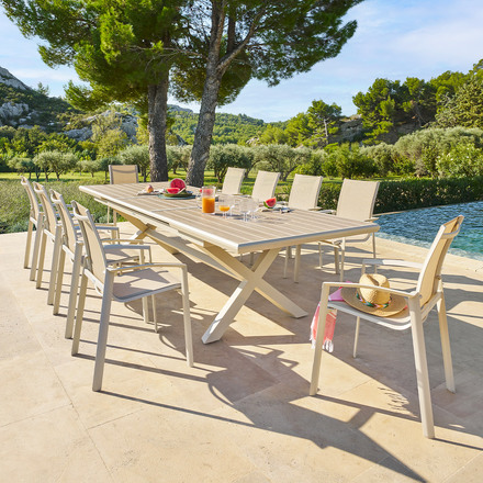 Conjunto de mesa de jardim extensível AXIOME + 10 poltronas empilháveis AXANT Linho & Argila 10 lugares - Alumínio tratado com epóxi, ECP