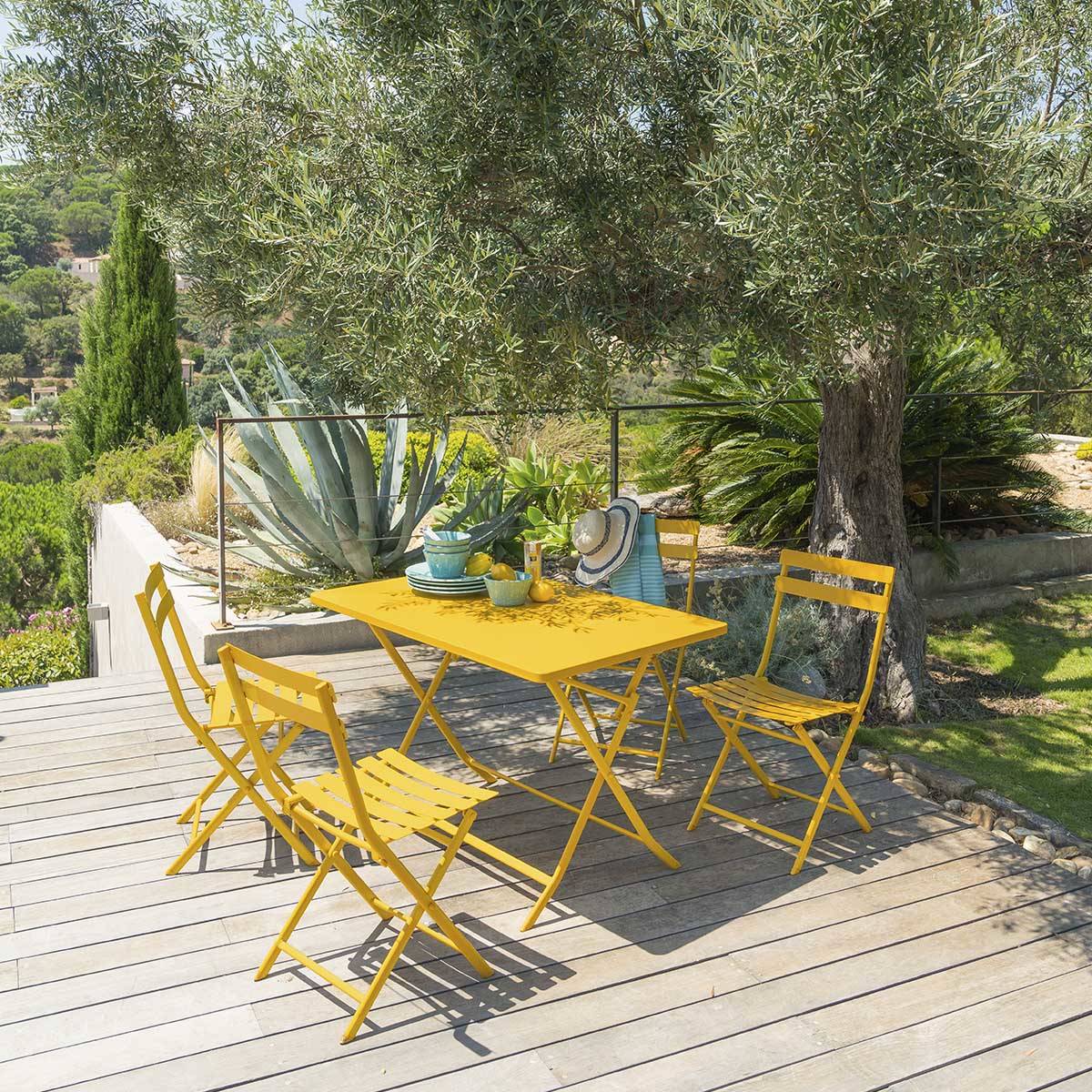 Conjunto de mesa de jardim dobrável retangular + 4 cadeiras GREENSBORO Amarelo-mostarda 4 lugares - Aço tratado com epóxi, Tratamento antiferrugem reforçado Amarelo mostarda