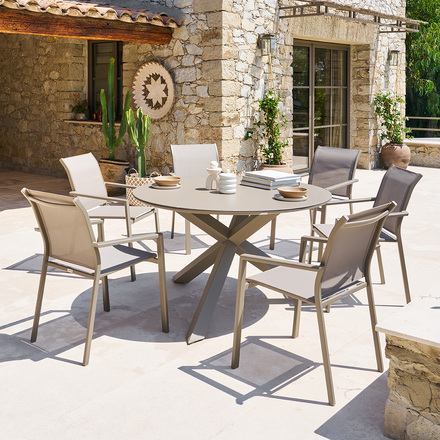 Conjunto de mesa de jardim ORYON + 6 poltronas ESSENTIA Café 6 lugares - Alumínio tratado com epóxi, Vidro
