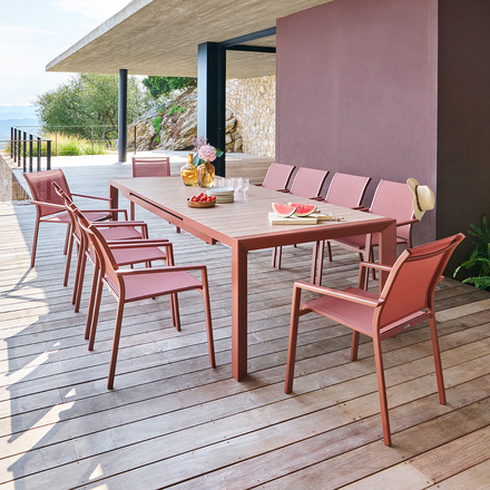 Conjunto de mesa de jardim automática EVASION + 10 poltronas ESSENTIA Mel & Mogno 10 lugares - Alumínio tratado com epóxi